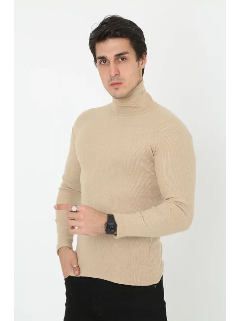 Erkek Kaşkorse Boğazlı Full Likralı Fitilli Body Kazak - Bej