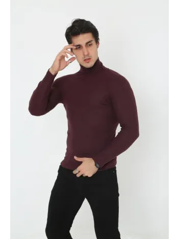 Erkek Kaşkorse Boğazlı Full Likralı Fitilli Body Kazak - Bordo