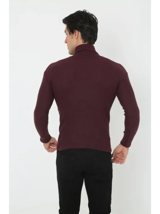 Erkek Kaşkorse Boğazlı Full Likralı Fitilli Body Kazak - Bordo