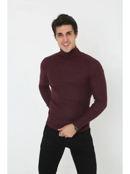 Erkek Kaşkorse Boğazlı Full Likralı Fitilli Body Kazak - Bordo