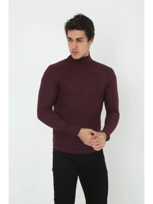 Erkek Kaşkorse Boğazlı Full Likralı Fitilli Body Kazak - Bordo