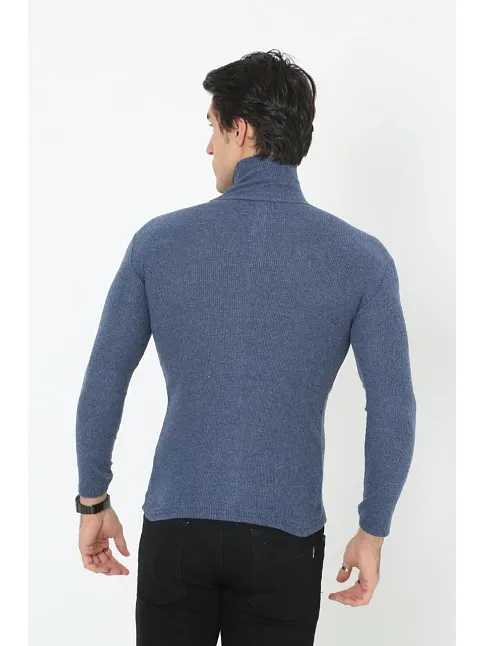 Erkek Kaşkorse Boğazlı Full Likralı Fitilli Body Kazak - İndigo