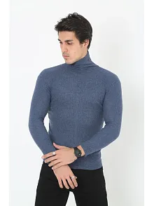 Erkek Kaşkorse Boğazlı Full Likralı Fitilli Body Kazak - İndigo