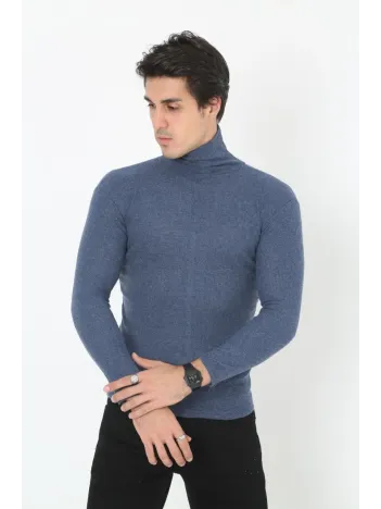 Erkek Kaşkorse Boğazlı Full Likralı Fitilli Body Kazak - İndigo