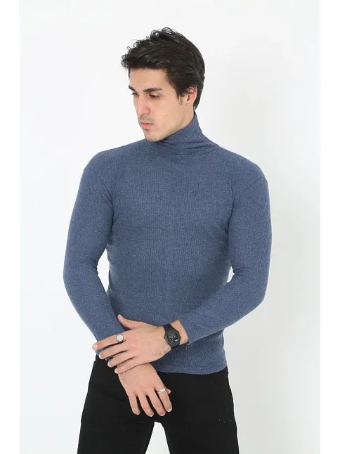 Erkek Kaşkorse Boğazlı Full Likralı Fitilli Body Kazak - İndigo