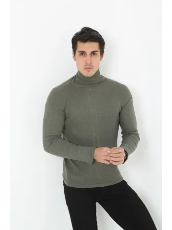 Erkek Kaşkorse Boğazlı Full Likralı Fitilli Body Kazak - Haki