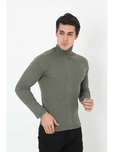 Erkek Kaşkorse Boğazlı Full Likralı Fitilli Body Kazak - Haki
