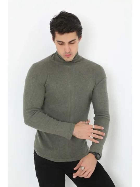 Erkek Kaşkorse Boğazlı Full Likralı Fitilli Body Kazak - Haki