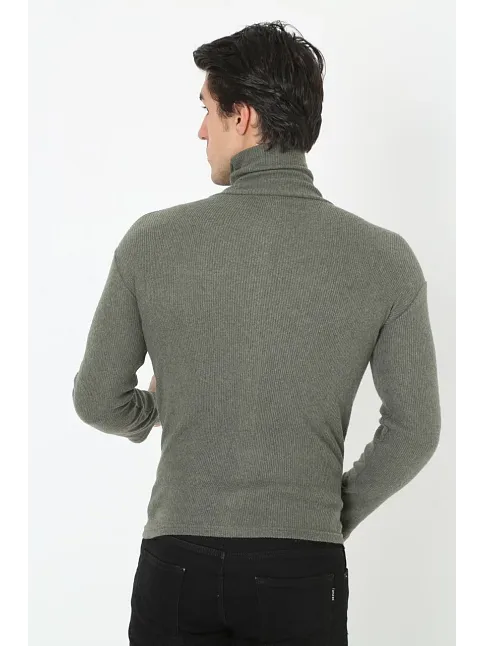 Erkek Kaşkorse Boğazlı Full Likralı Fitilli Body Kazak - Haki