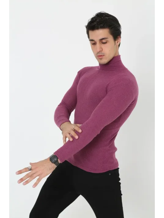 Erkek Kaşkorse Boğazlı Full Likralı Fitilli Body Kazak - Gül Kurusu