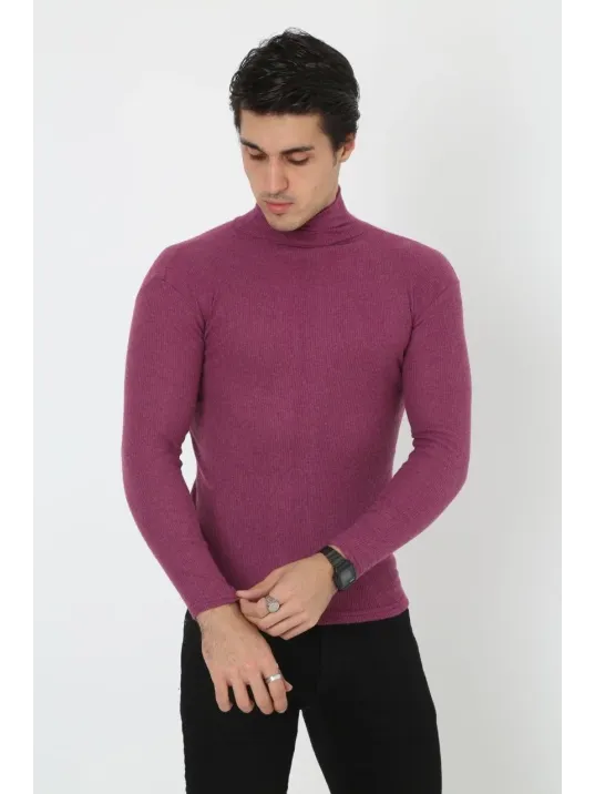 Erkek Kaşkorse Boğazlı Full Likralı Fitilli Body Kazak - Gül Kurusu