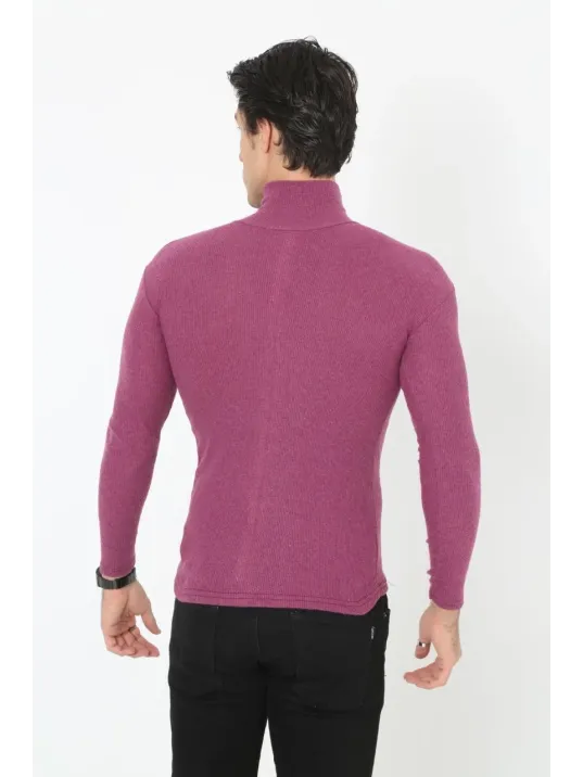 Erkek Kaşkorse Boğazlı Full Likralı Fitilli Body Kazak - Gül Kurusu