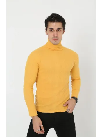 Erkek Kaşkorse Boğazlı Full Likralı Fitilli Body Kazak - Sarı