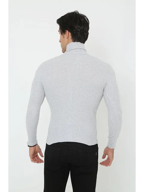 Erkek Kaşkorse Boğazlı Full Likralı Fitilli Body Kazak - Gri