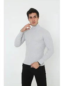 Erkek Kaşkorse Boğazlı Full Likralı Fitilli Body Kazak - Gri