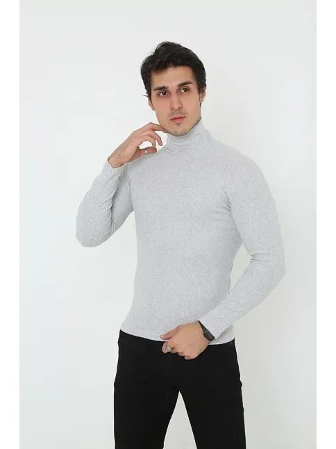 Erkek Kaşkorse Boğazlı Full Likralı Fitilli Body Kazak - Gri