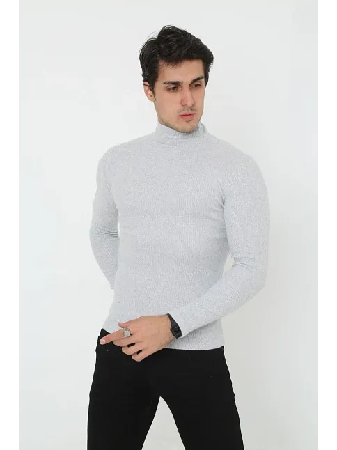 Erkek Kaşkorse Boğazlı Full Likralı Fitilli Body Kazak - Gri