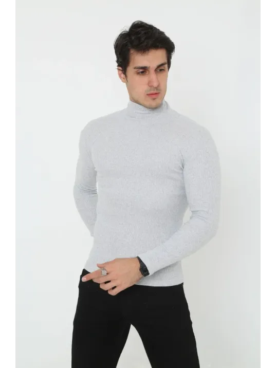 Erkek Kaşkorse Boğazlı Full Likralı Fitilli Body Kazak - Gri