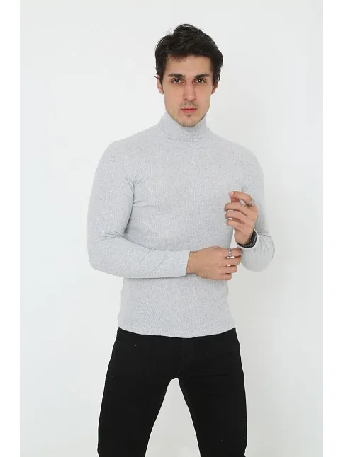 Erkek Kaşkorse Boğazlı Full Likralı Fitilli Body Kazak - Gri