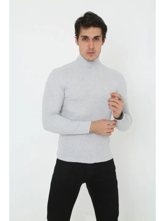 Erkek Kaşkorse Boğazlı Full Likralı Fitilli Body Kazak - Gri