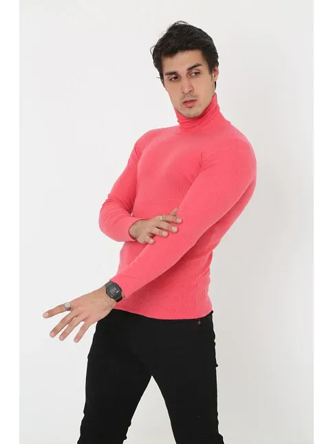 Erkek Kaşkorse Boğazlı Full Likralı Fitilli Body Kazak - Pembe