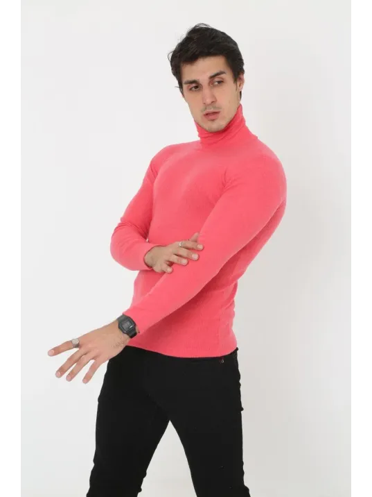 Erkek Kaşkorse Boğazlı Full Likralı Fitilli Body Kazak - Pembe