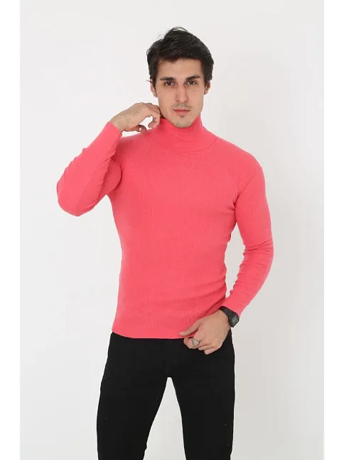 Erkek Kaşkorse Boğazlı Full Likralı Fitilli Body Kazak - Pembe