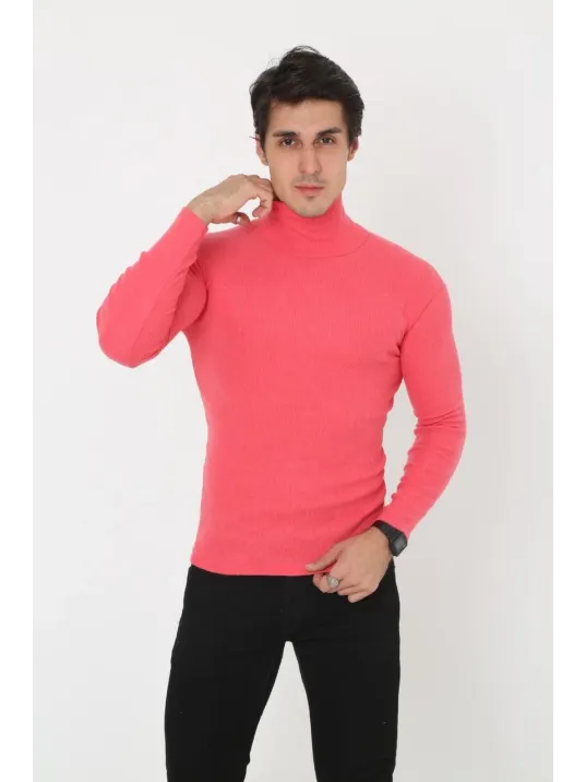 Erkek Kaşkorse Boğazlı Full Likralı Fitilli Body Kazak - Pembe