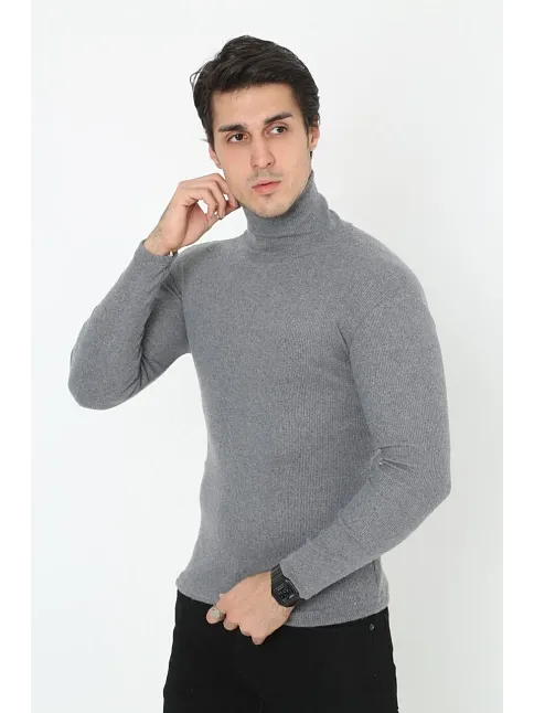 Erkek Kaşkorse Boğazlı Full Likralı Fitilli Body Kazak - Füme