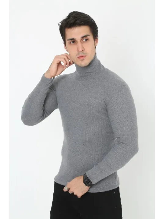 Erkek Kaşkorse Boğazlı Full Likralı Fitilli Body Kazak - Füme