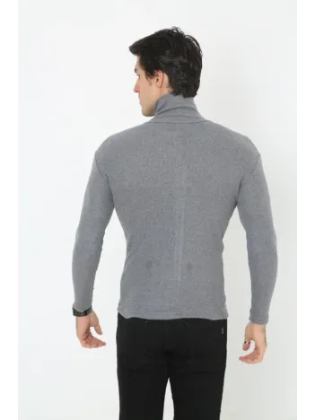 Erkek Kaşkorse Boğazlı Full Likralı Fitilli Body Kazak - Füme