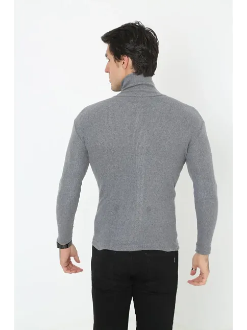Erkek Kaşkorse Boğazlı Full Likralı Fitilli Body Kazak - Füme