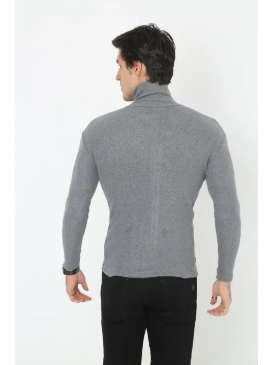 Erkek Kaşkorse Boğazlı Full Likralı Fitilli Body Kazak - Füme