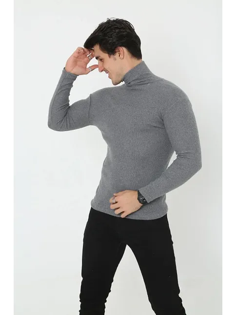 Erkek Kaşkorse Boğazlı Full Likralı Fitilli Body Kazak - Füme