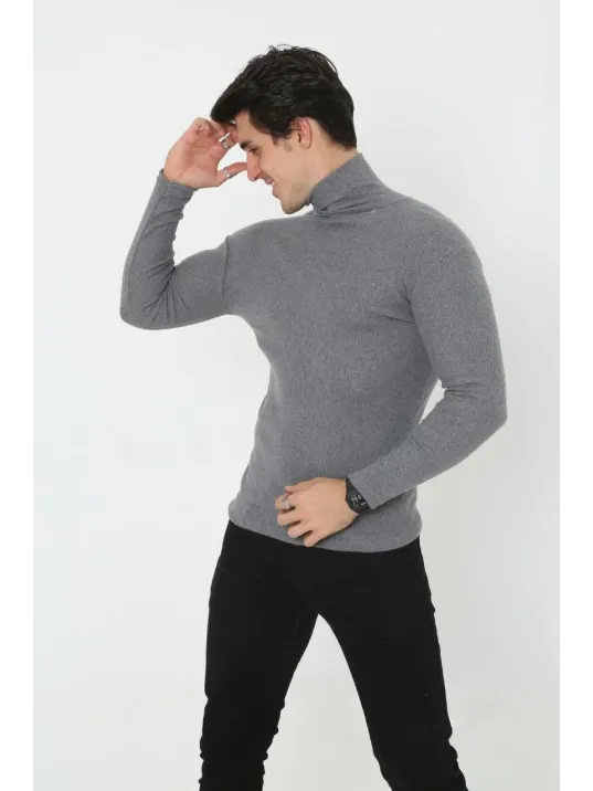 Erkek Kaşkorse Boğazlı Full Likralı Fitilli Body Kazak - Füme