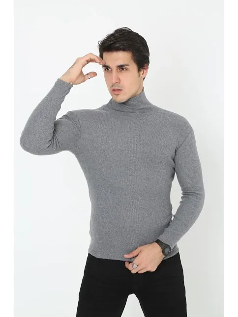 Erkek Kaşkorse Boğazlı Full Likralı Fitilli Body Kazak - Füme