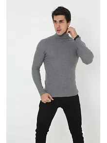 Erkek Kaşkorse Boğazlı Full Likralı Fitilli Body Kazak - Füme