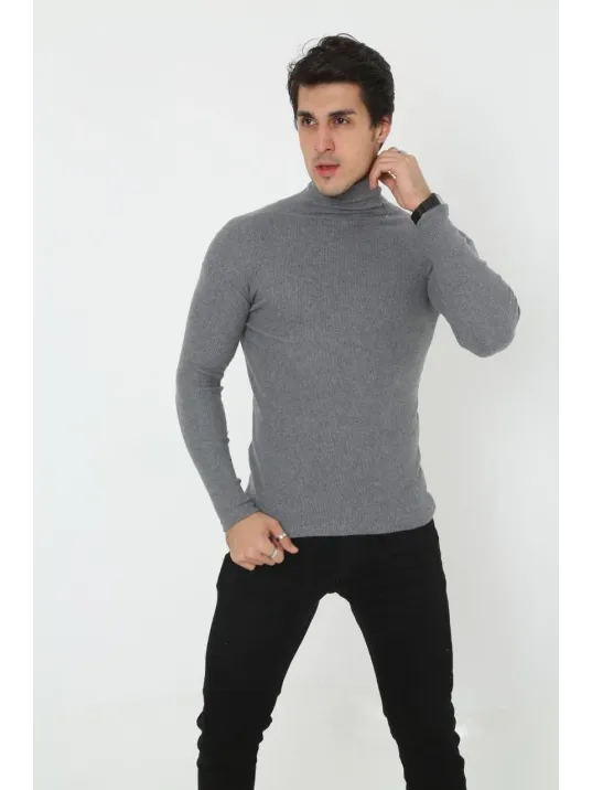 Erkek Kaşkorse Boğazlı Full Likralı Fitilli Body Kazak - Füme