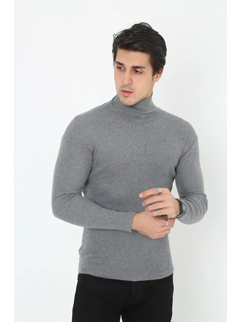 Erkek Kaşkorse Boğazlı Full Likralı Fitilli Body Kazak - Füme