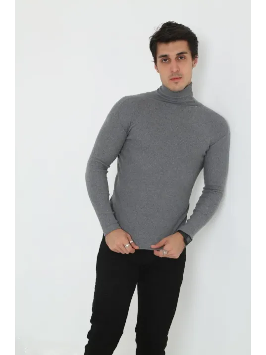 Erkek Kaşkorse Boğazlı Full Likralı Fitilli Body Kazak - Füme