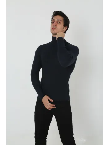 Erkek Kaşkorse Boğazlı Full Likralı Fitilli Body Kazak - Siyah