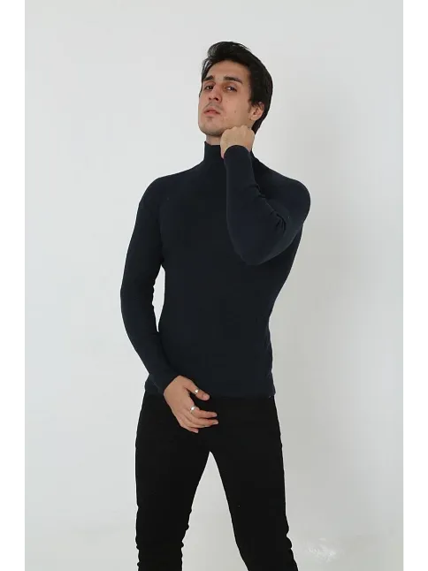 Erkek Kaşkorse Boğazlı Full Likralı Fitilli Body Kazak - Siyah