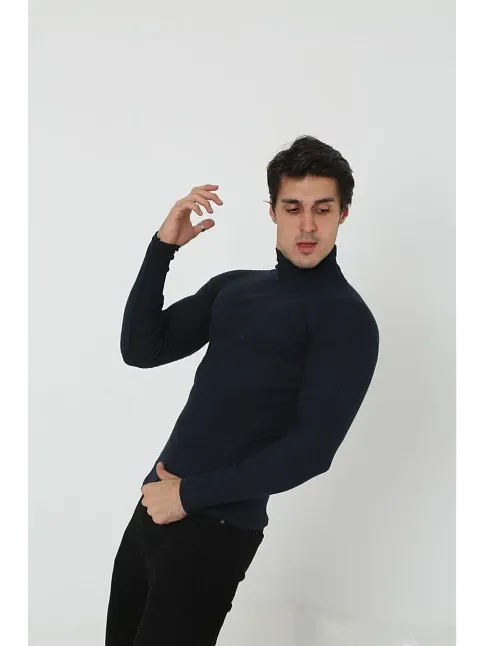 Erkek Kaşkorse Boğazlı Full Likralı Fitilli Body Kazak - Siyah