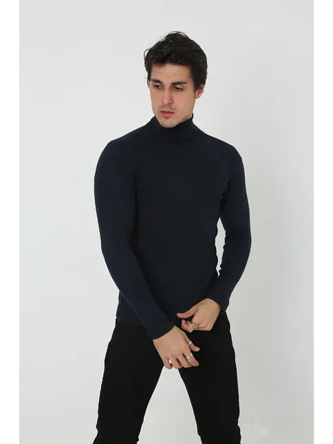 Erkek Kaşkorse Boğazlı Full Likralı Fitilli Body Kazak - Siyah