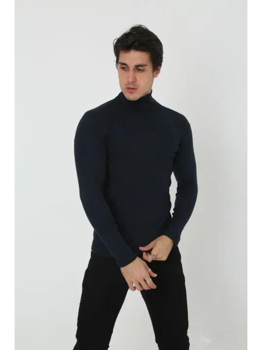 Erkek Kaşkorse Boğazlı Full Likralı Fitilli Body Kazak - Siyah