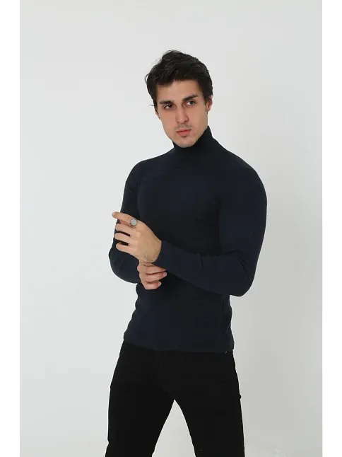 Erkek Kaşkorse Boğazlı Full Likralı Fitilli Body Kazak - Siyah