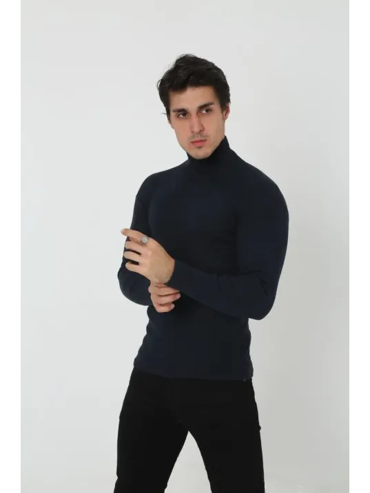 Erkek Kaşkorse Boğazlı Full Likralı Fitilli Body Kazak - Siyah