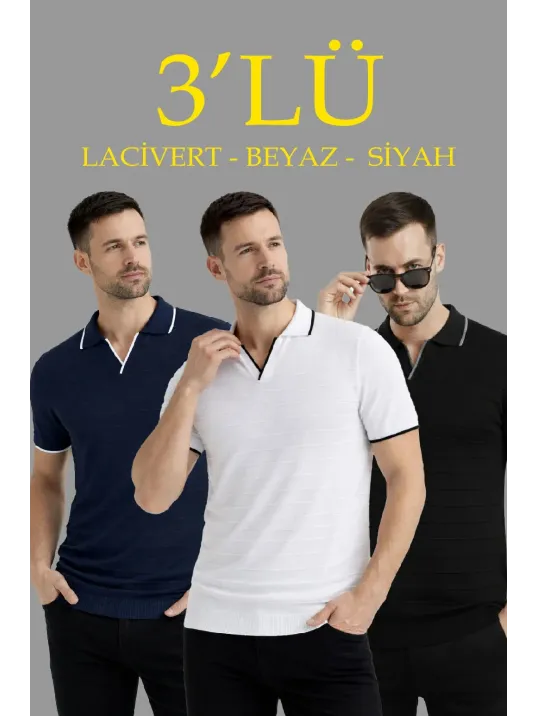 Erkek 3’lü Paket Triko Yakalı Düğmesiz Açık Yaka Fitilli Kısa Kollu Regular Fit Tişört - Siyah, Beyaz, Lacivert Erkek 3’lü Paket Triko Yakalı Düğmesiz Açık Yaka Fitilli Kısa Kollu Regular Fit Tişört - Siyah, Beyaz, Lacivert