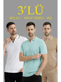 Erkek 3’lü Paket Triko Yakalı Düğmesiz Açık Yaka Fitilli Kısa Kollu Regular Fit Tişört - Bej, Beyaz, Mint Yeşili