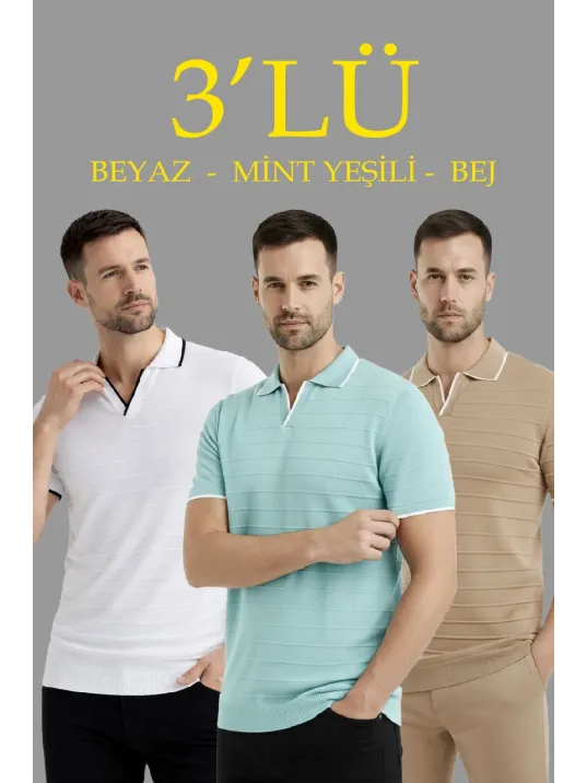 Erkek 3’lü Paket Triko Yakalı Düğmesiz Açık Yaka Fitilli Kısa Kollu Regular Fit Tişört - Bej, Beyaz, Mint Yeşili Erkek 3’lü Paket Triko Yakalı Düğmesiz Açık Yaka Fitilli Kısa Kollu Regular Fit Tişört - Bej, Beyaz, Mint Yeşili